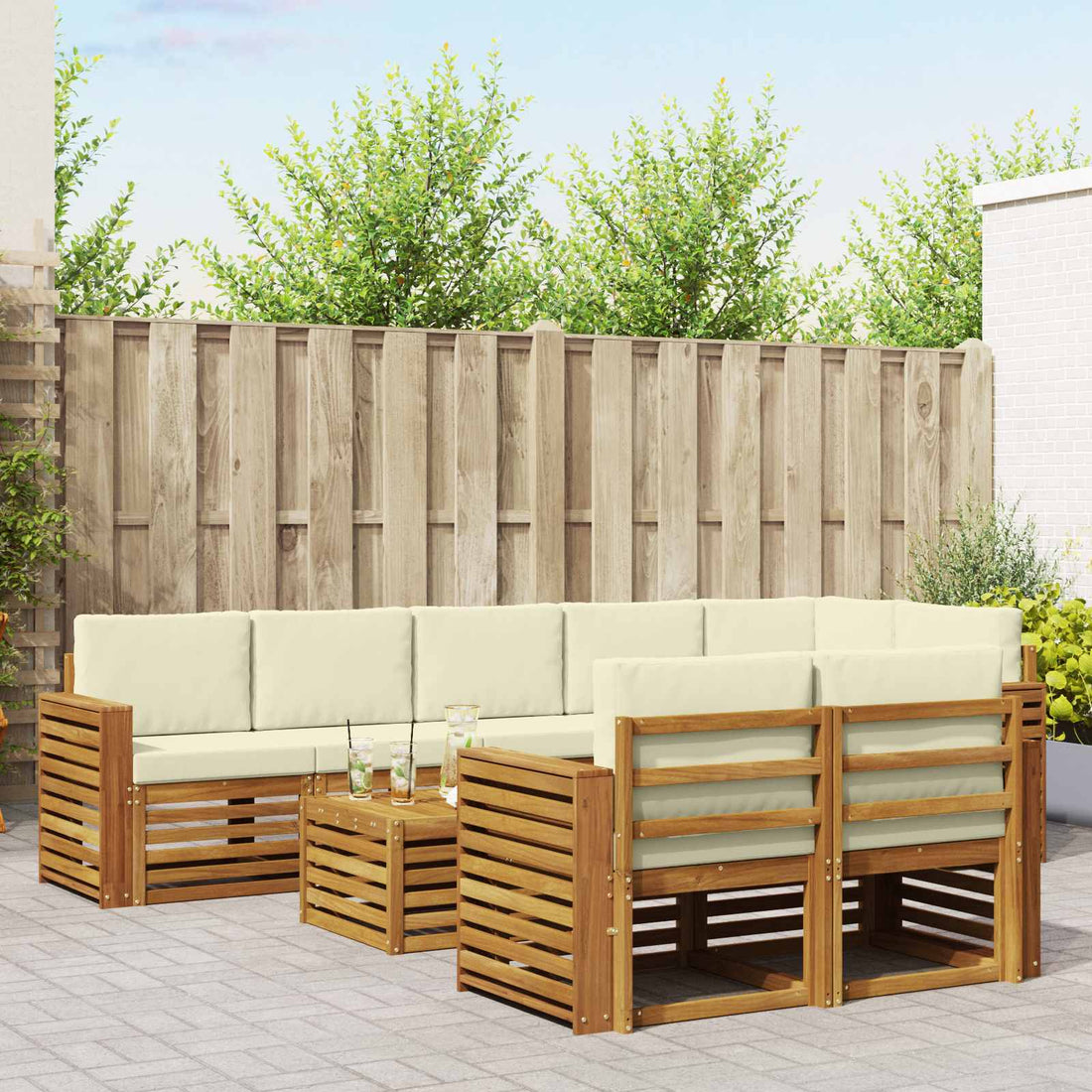 vidaXL Conjunto de sofás de exterior 9 uds. Natural y Crema Poliéster