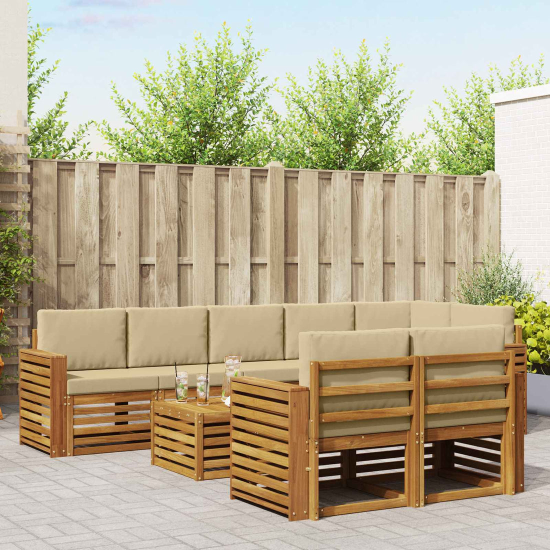 vidaXL Conjunto de sofás de exterior 9 uds. Natural y Beige Poliéster