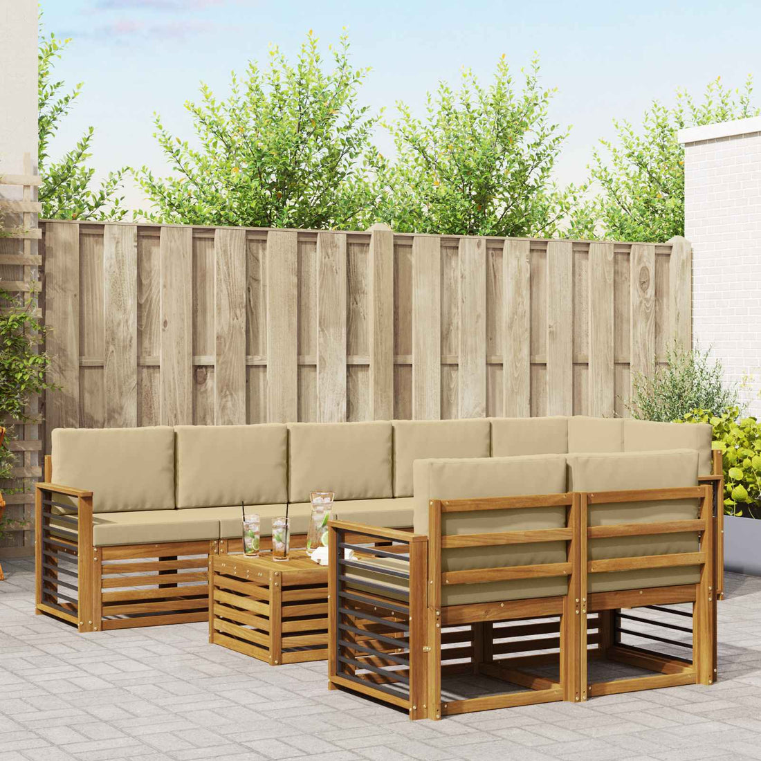 vidaXL Conjunto de sofás de exterior 9 uds. Natural y Beige Poliéster