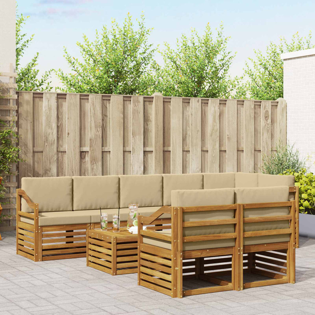 vidaXL Conjunto de sofás de exterior 9 uds. Natural y Beige Poliéster
