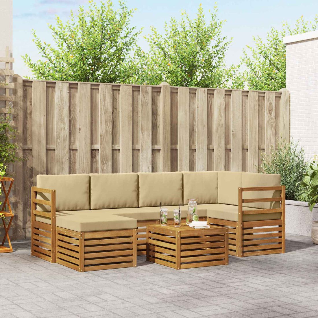 vidaXL Conjunto de sofás de exterior 7 uds. Natural y Beige Poliéster