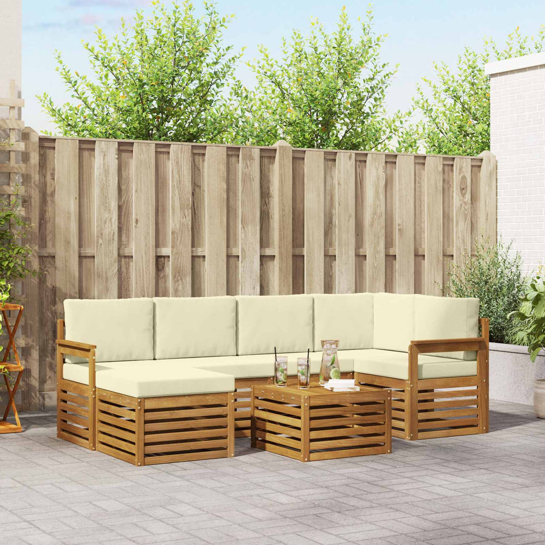 vidaXL Conjunto de sofás de exterior 7 uds. Natural y Crema Poliéster
