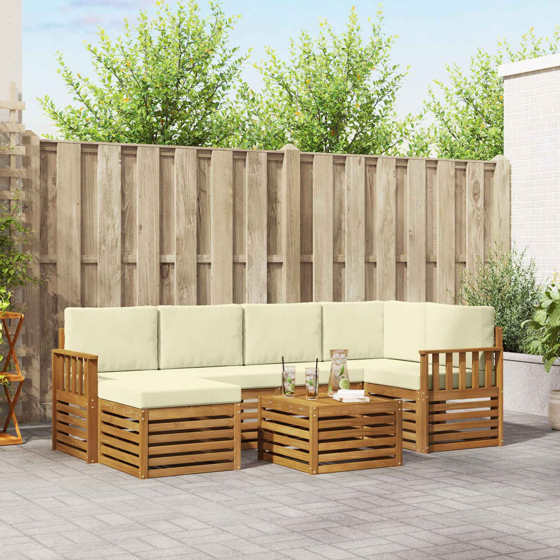 vidaXL Conjunto de sofás de exterior 7 uds. Natural y Crema Poliéster