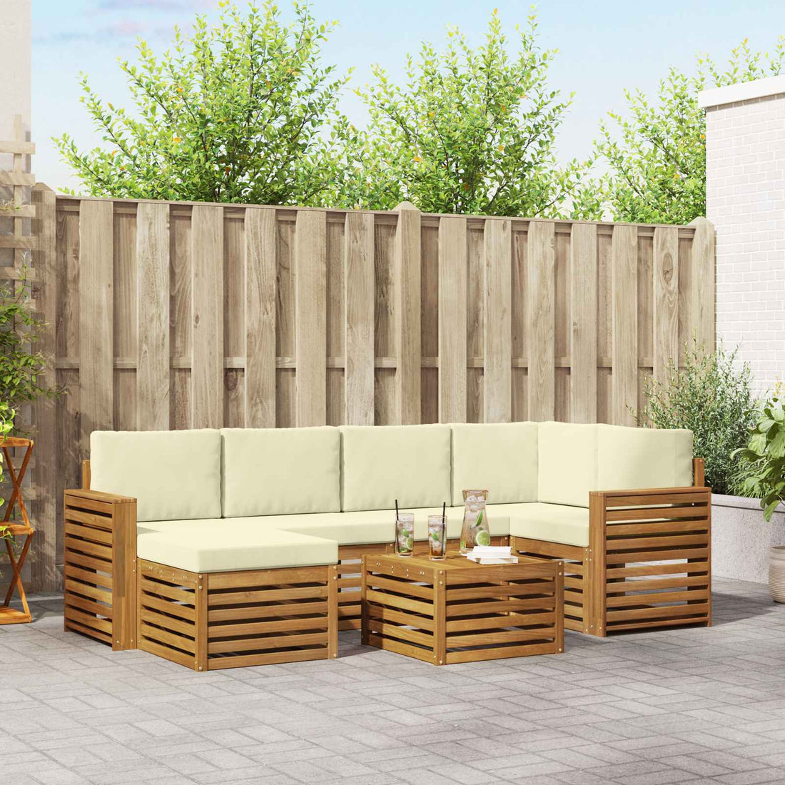 vidaXL Conjunto de sofás de exterior 7 uds. Natural y Crema Poliéster