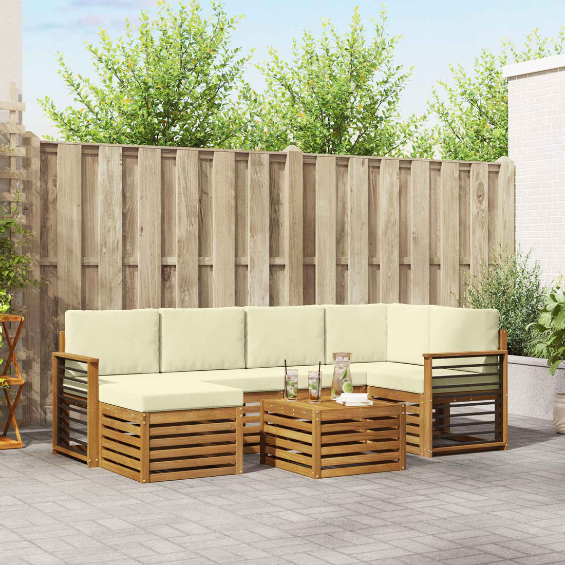 vidaXL Conjunto de sofás de exterior 7 uds. Natural y Crema Poliéster