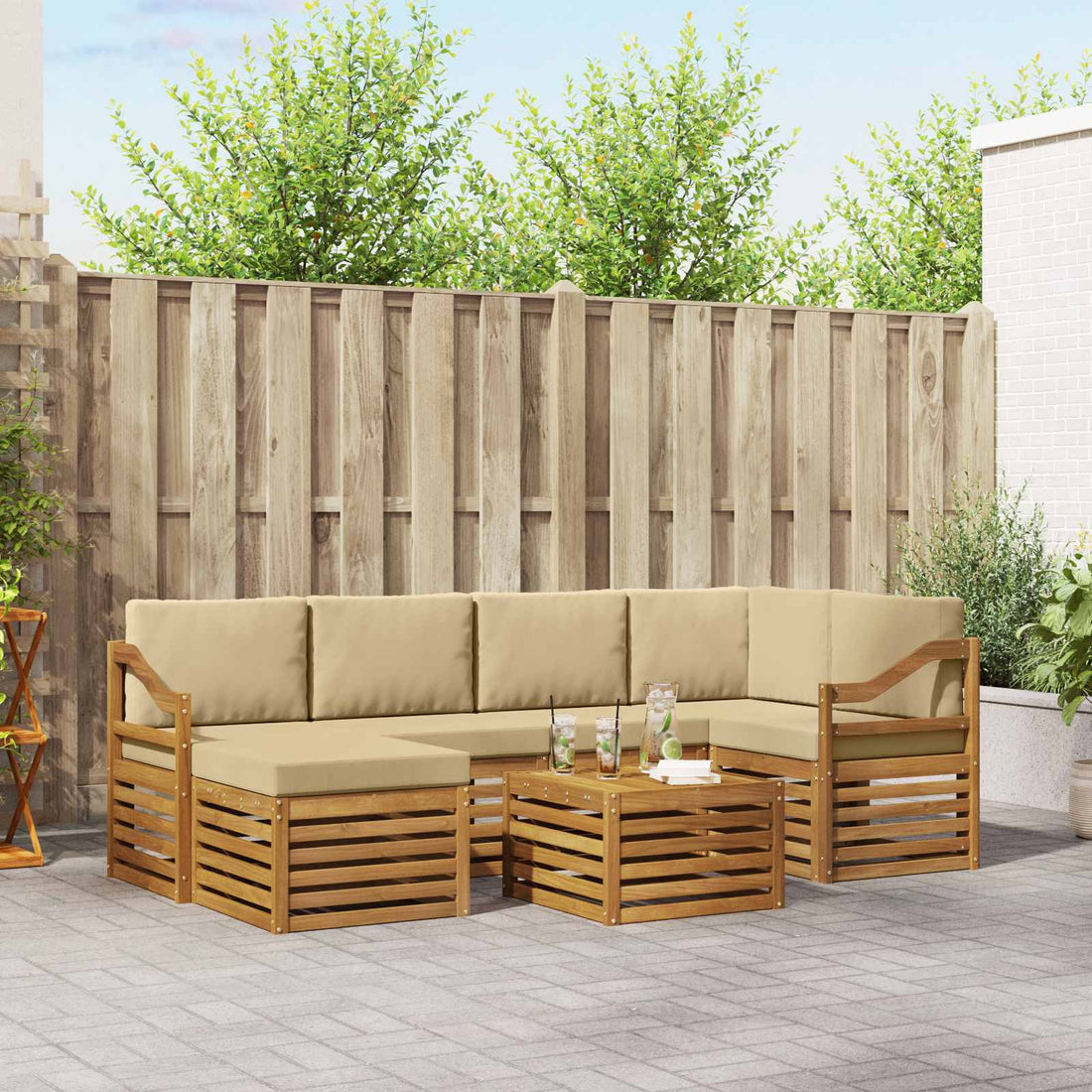 vidaXL Conjunto de sofás de exterior 7 uds. Natural y Beige Poliéster