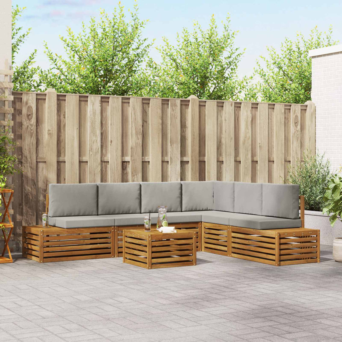 vidaXL 7 uds. Conjunto de sofás de exterior Gris Natural y Claro