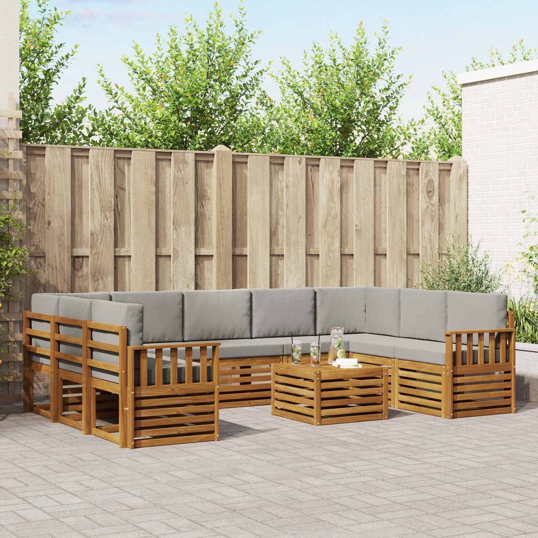 vidaXL Conjunto de sofás de exterior 10 uds. Natural y Gris Claro