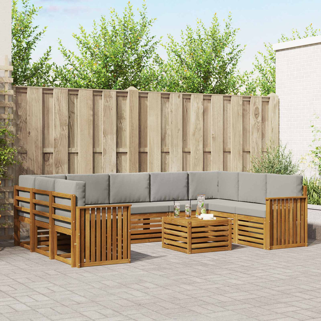 vidaXL Conjunto de sofás de exterior 10 uds. Natural y Gris Claro