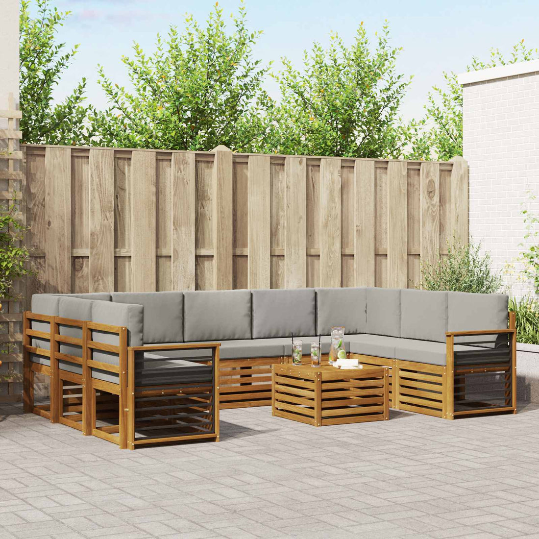 vidaXL Conjunto de sofás de exterior 10 uds. Natural y Gris Claro