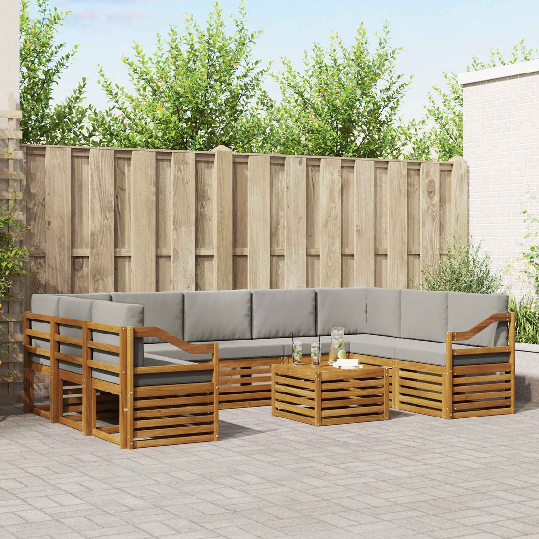 vidaXL Conjunto de sofás de exterior 10 uds. Natural y Gris Claro