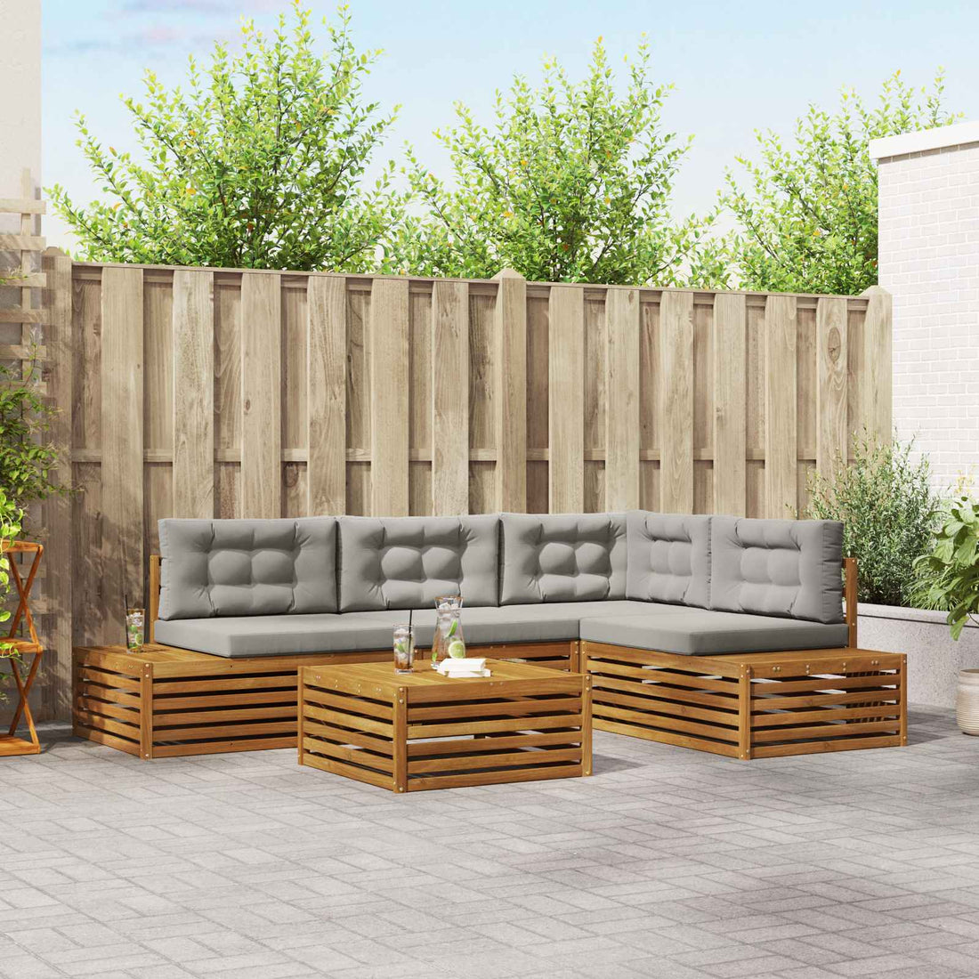vidaXL Conjunto de sofás de exterior 5 Pieza Gris Natural y Claro