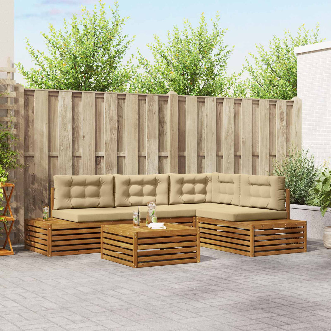 vidaXL Conjunto de sofás de exterior con cojín 5 Pieza Natural y Beige