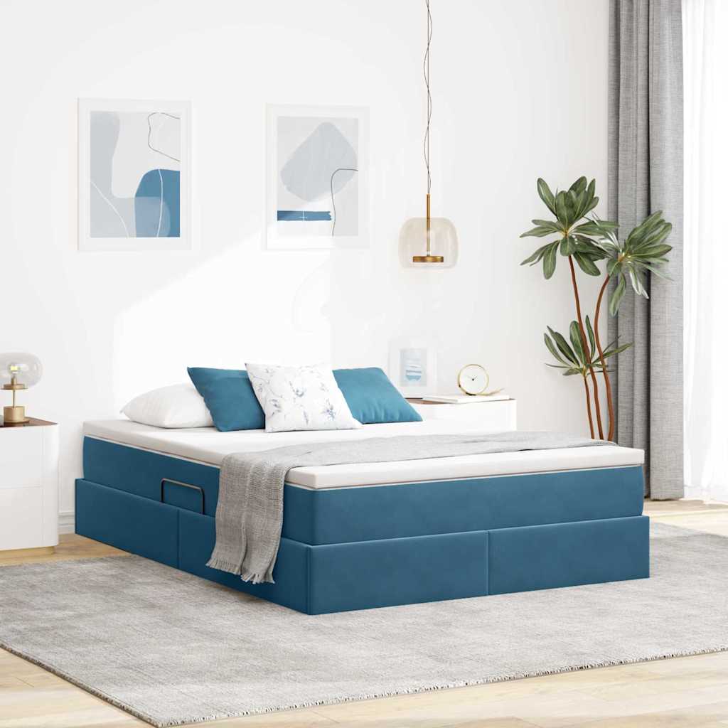 vidaXL Cama con almacenamiento y colchón Azul Oscuro 140 x 200 cm