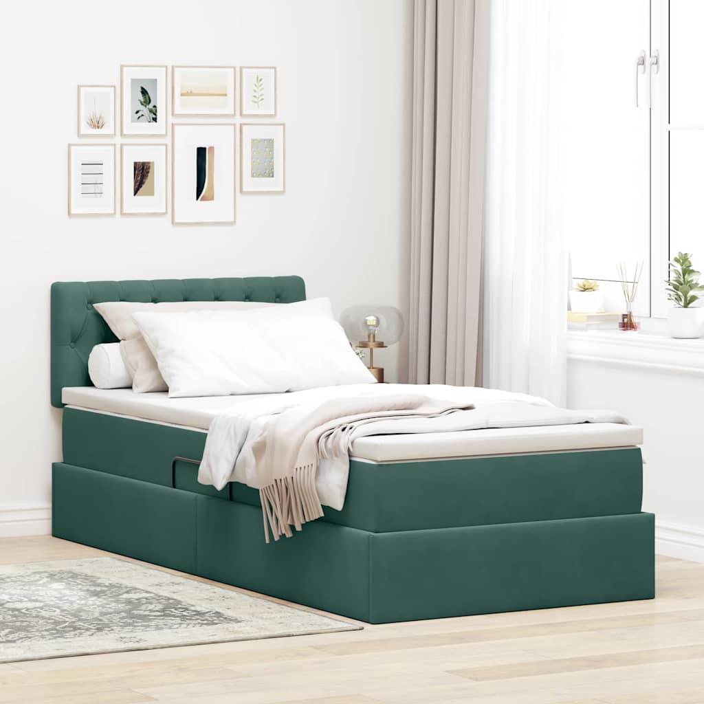 vidaXL Cama de almacenamiento LED con colchón Verde oscuro 90 x 200 cm