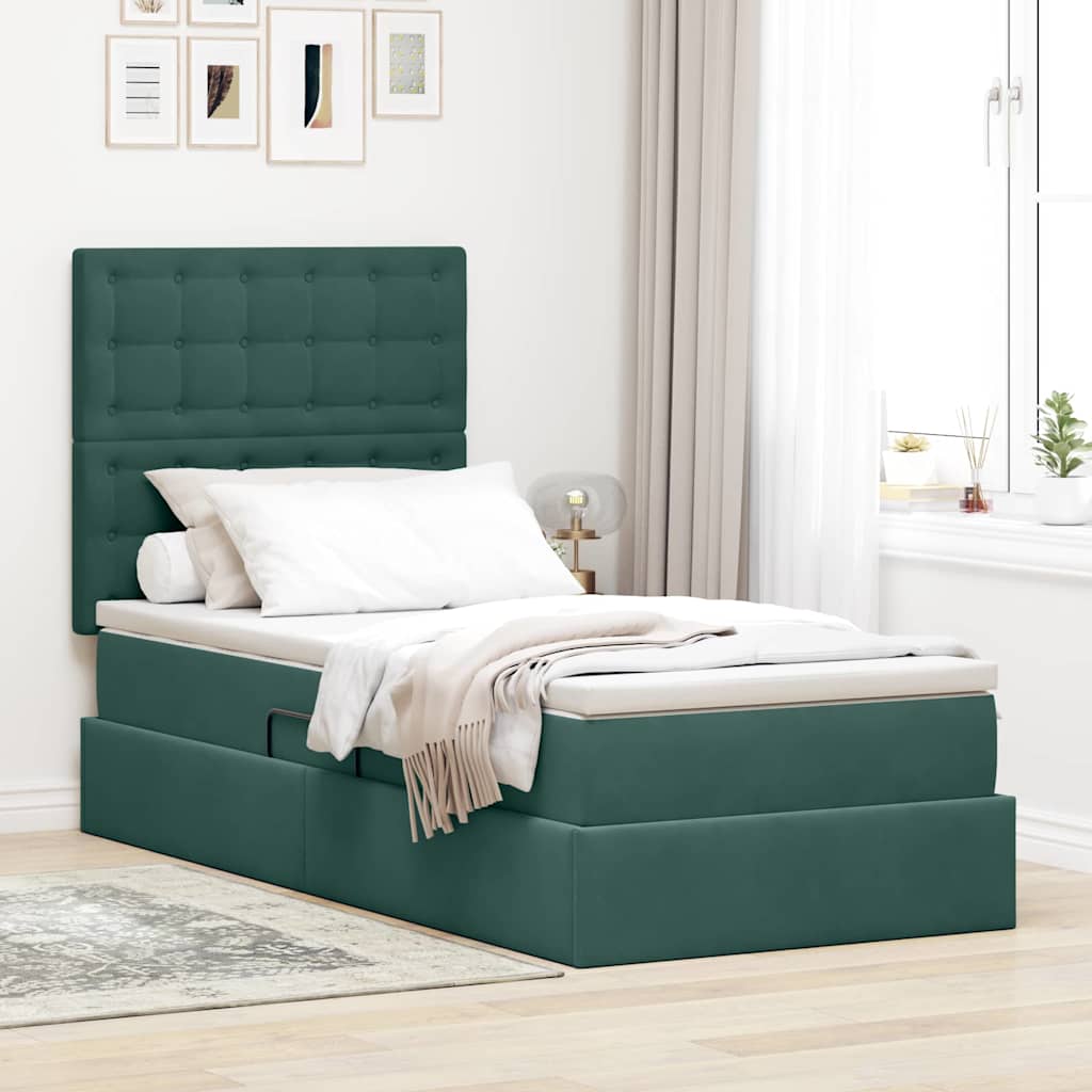 vidaXL Cama con almacenamiento y colchón Verde oscuro 90 x 190 cm