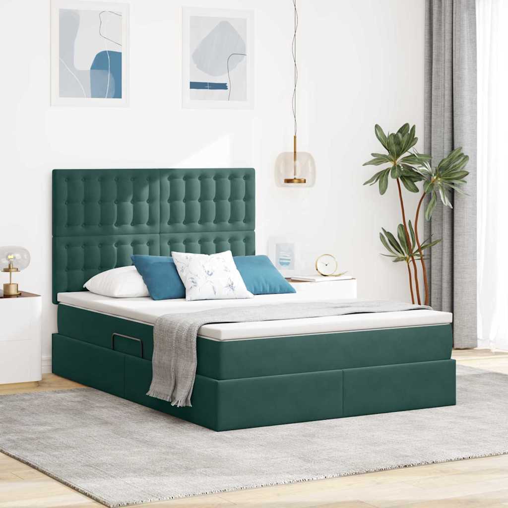 vidaXL Cama con almacenamiento y colchón Verde oscuro 140 x 200 cm