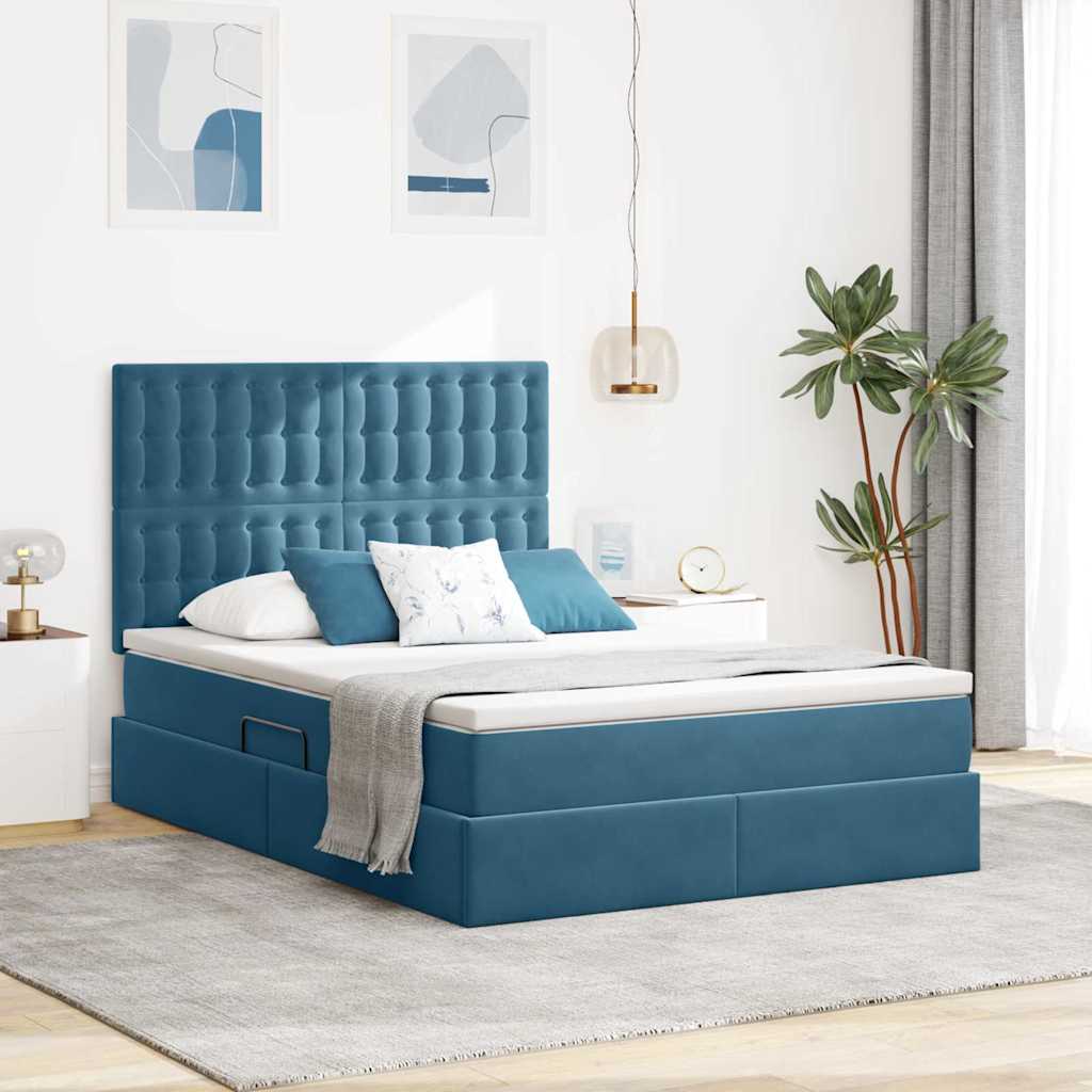 vidaXL Cama con almacenamiento y colchón Azul Oscuro 140 x 200 cm