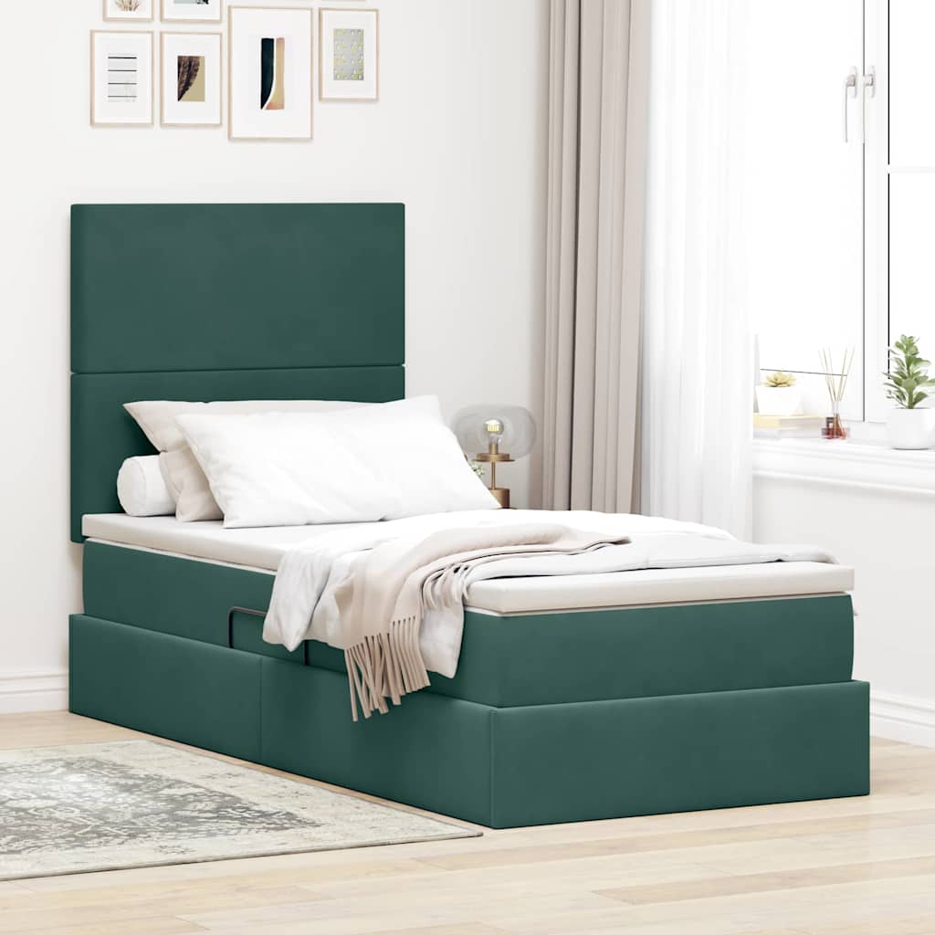 vidaXL Cama de almacenamiento LED con colchón Verde oscuro