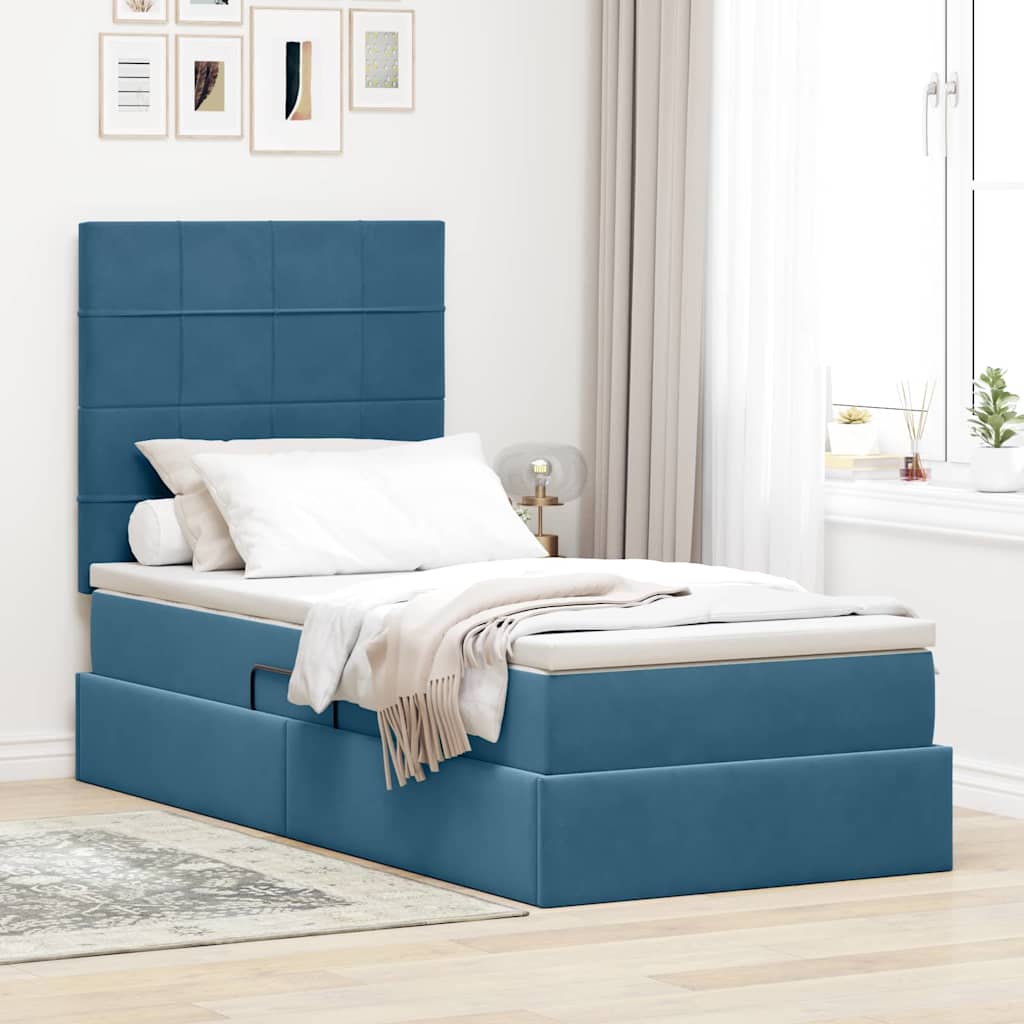 vidaXL Cama de almacenamiento LED con colchón Azul Oscuro 90 x 190 cm