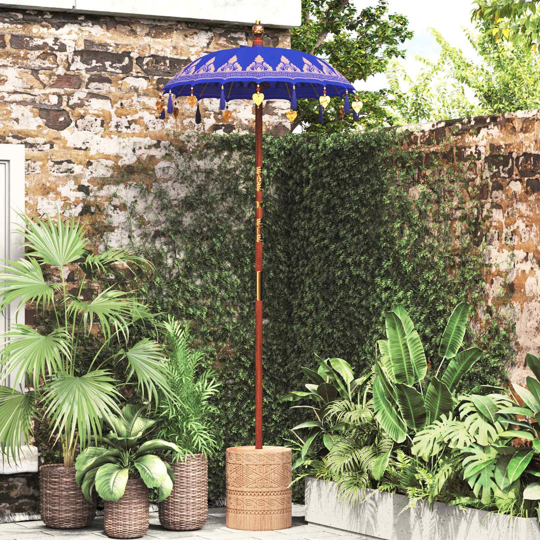 vidaXL Paraguas balinés con base Azul 95 x 95 x 260 cm Algodón