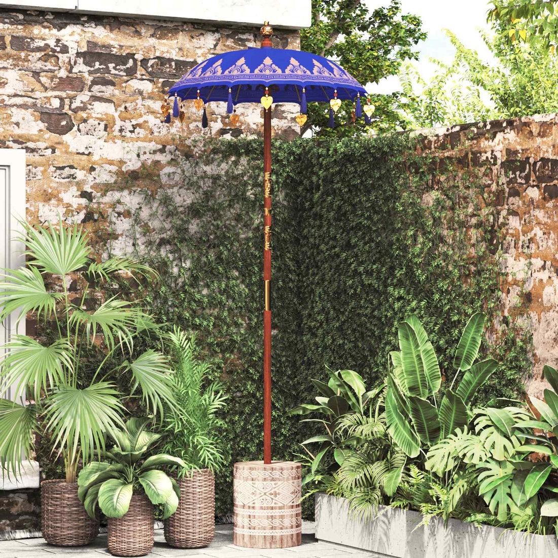 vidaXL Paraguas balinés con base Azul 95 x 95 x 260 cm Algodón