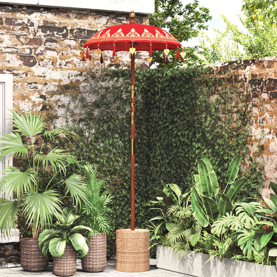vidaXL Paraguas balinés con base Rojo 95 x 95 x 260 cm Algodón