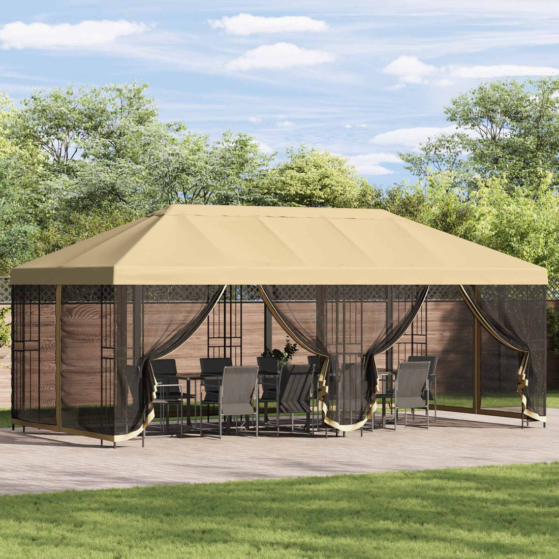 vidaXL Gazebo con paredes laterales 6 x 3 m Crema Poliéster y Acero