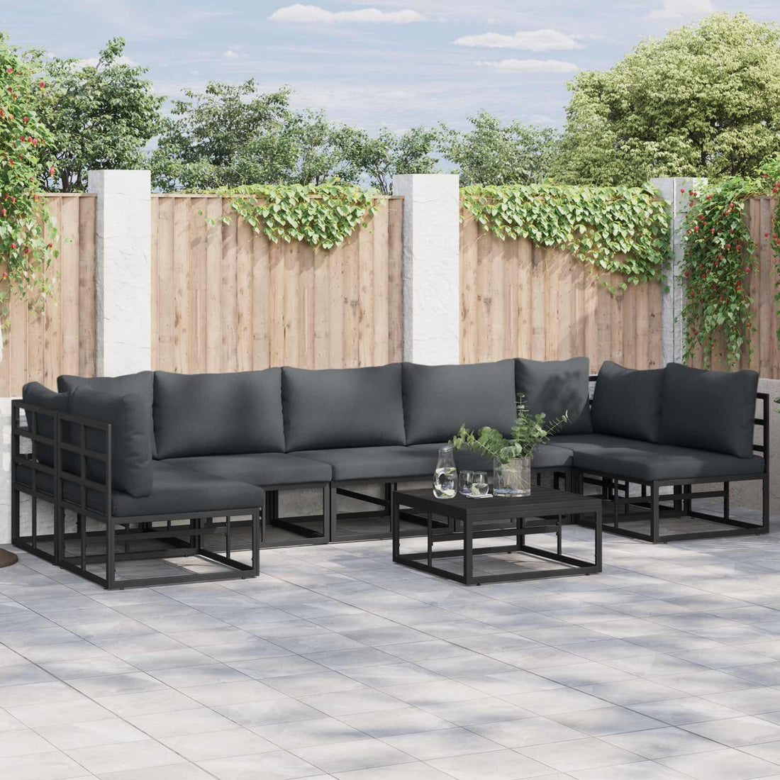 vidaXL Conjunto de sofás de jardín 7 uds. Negro Aluminio