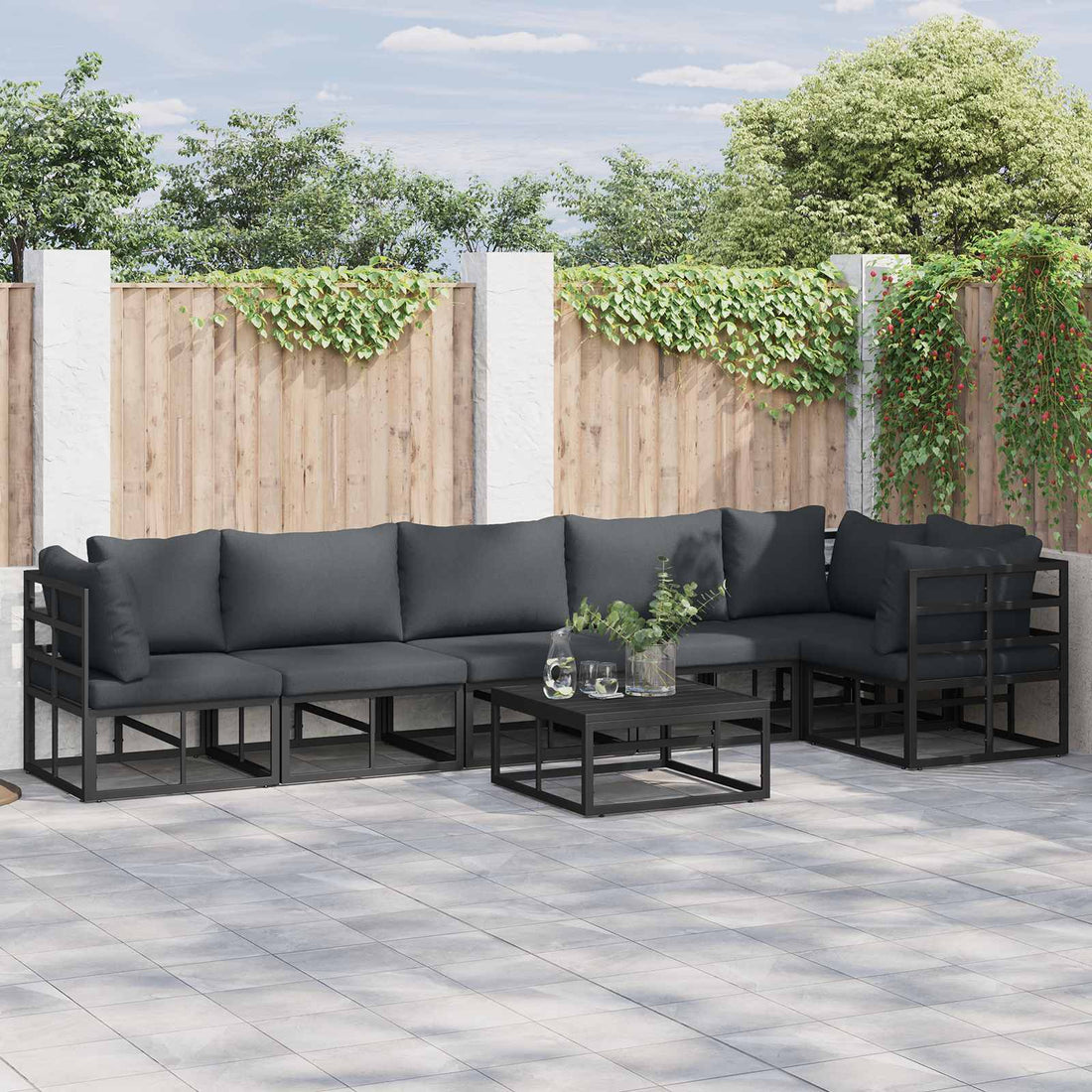 vidaXL Conjunto de sofás de jardín 7 uds. Negro Aluminio