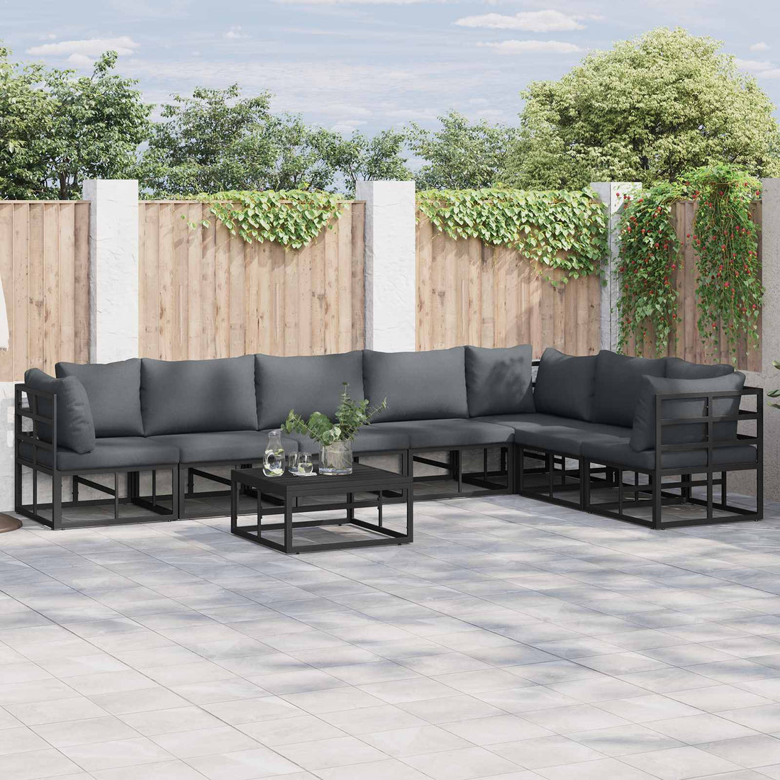 vidaXL Conjunto de sofás de jardín 8 uds. Negro Aluminio