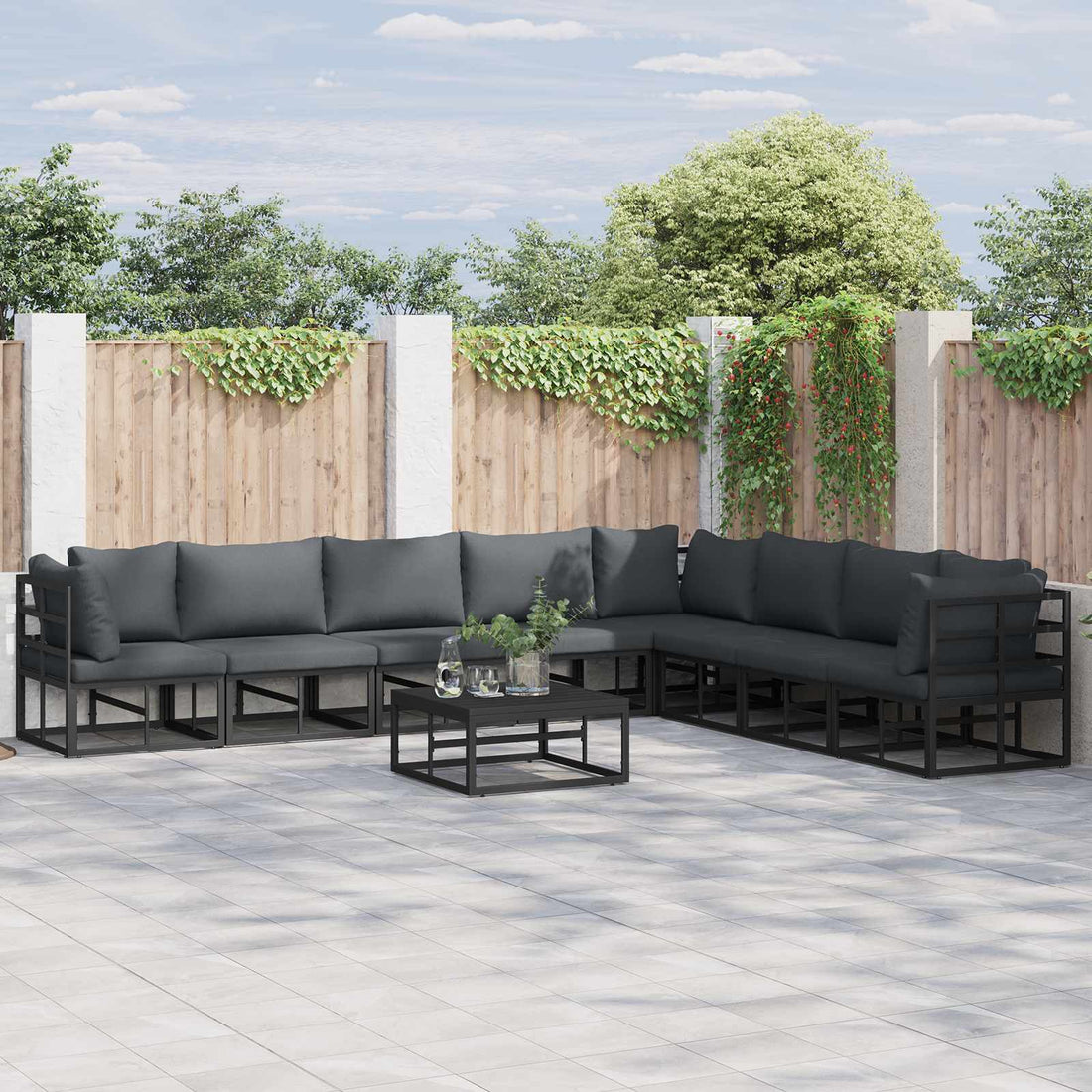 vidaXL Conjunto de sofás de jardín 9 uds. Negro Aluminio