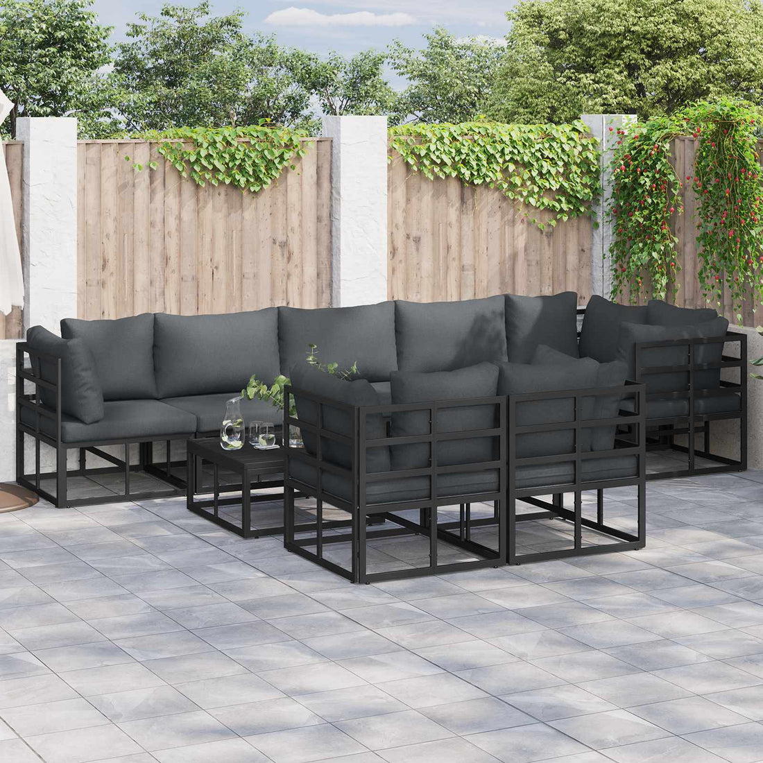 vidaXL Conjunto de sofás de jardín 8 uds. Negro Aluminio