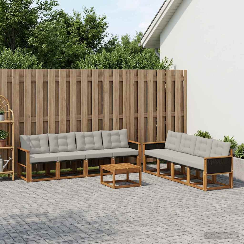 vidaXL Conjunto de sofás de exterior 9 uds. Natural y Gris Claro