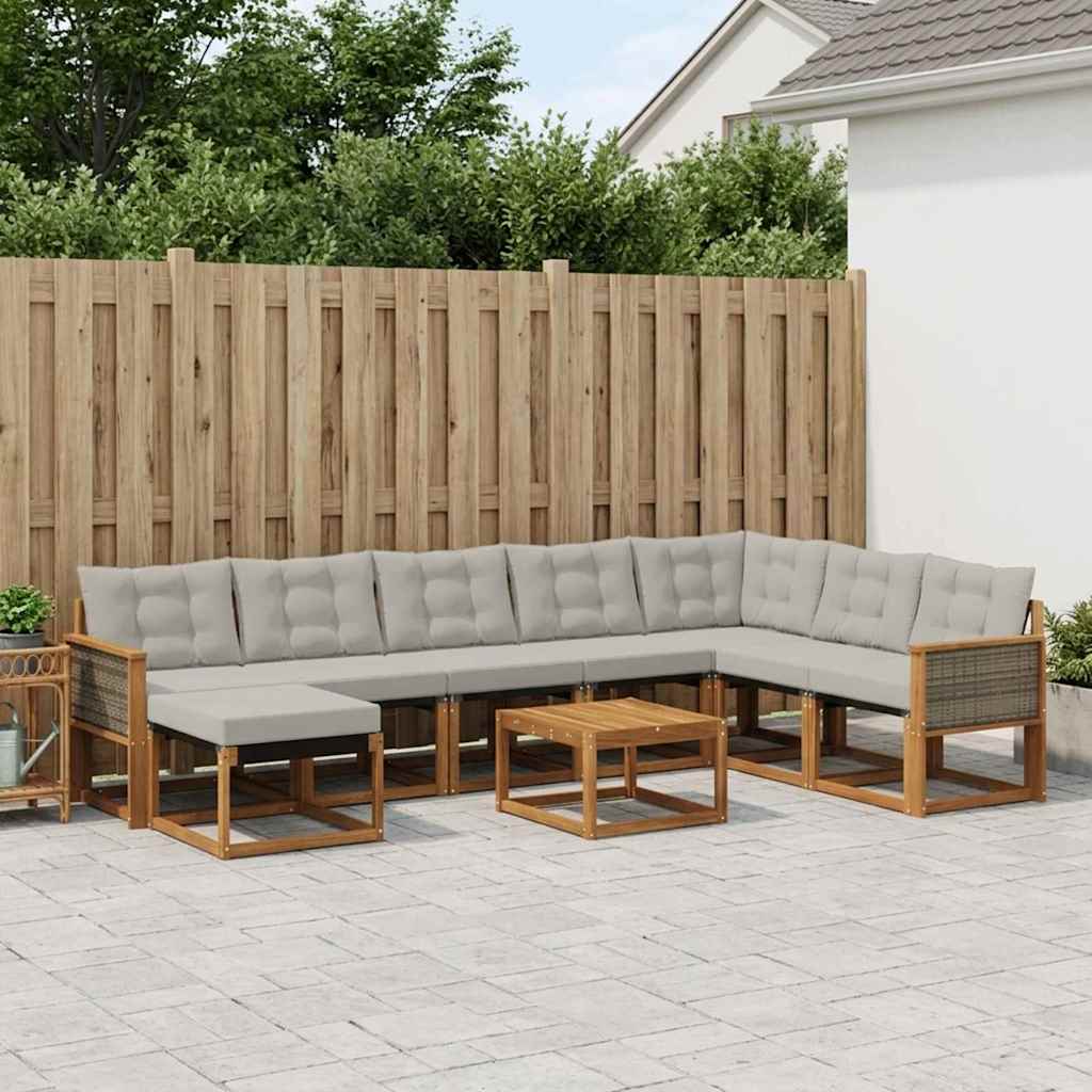 vidaXL Conjunto de sofás de exterior 9 uds. Natural y Gris Claro
