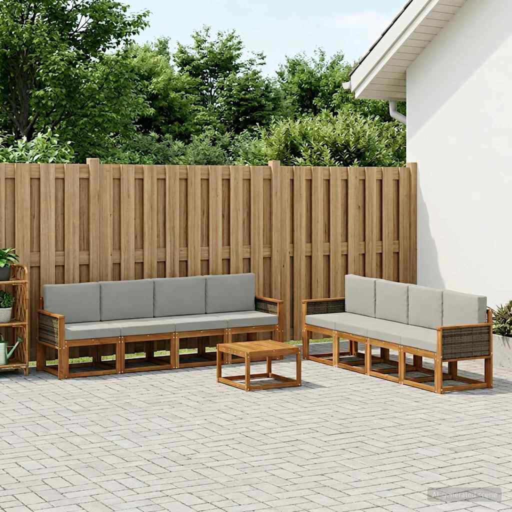 vidaXL Conjunto de sofás de exterior 9 uds. Natural y Gris Claro
