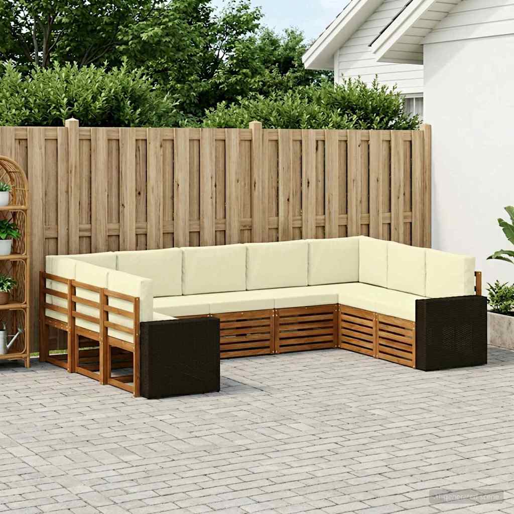 vidaXL Conjunto de sofás de exterior 9 uds. Natural y Crema Poliéster