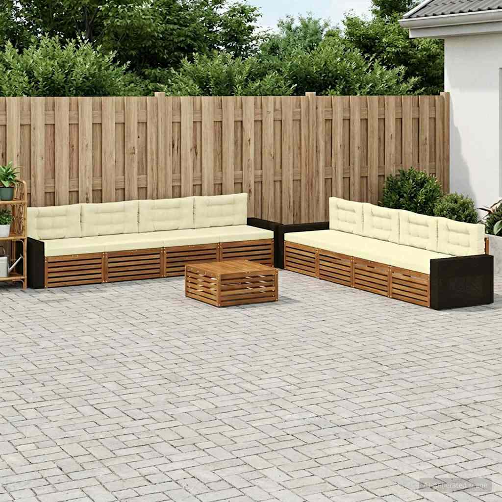 vidaXL Conjunto de sofás de exterior 9 uds. Natural y Crema Poliéster
