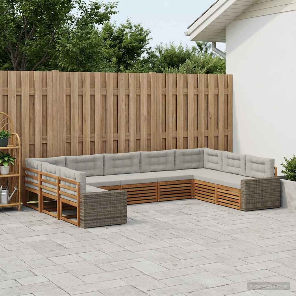 vidaXL Conjunto de sofás de exterior 9 uds. Natural y Gris Claro
