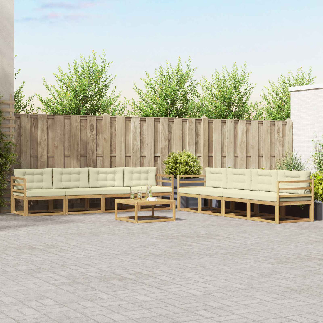 vidaXL Conjunto de sofás de exterior 9 uds. Blanco y Crema Poliéster