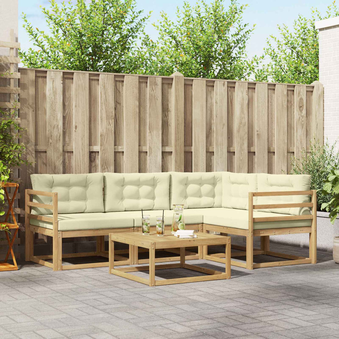 vidaXL Conjunto de sofás de exterior 5 uds. Blanco y Crema Poliéster