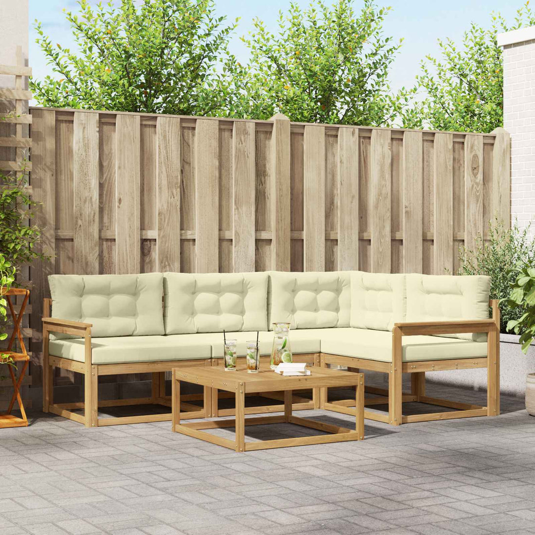 vidaXL Conjunto de sofás de exterior 5 uds. Blanco y Crema Poliéster