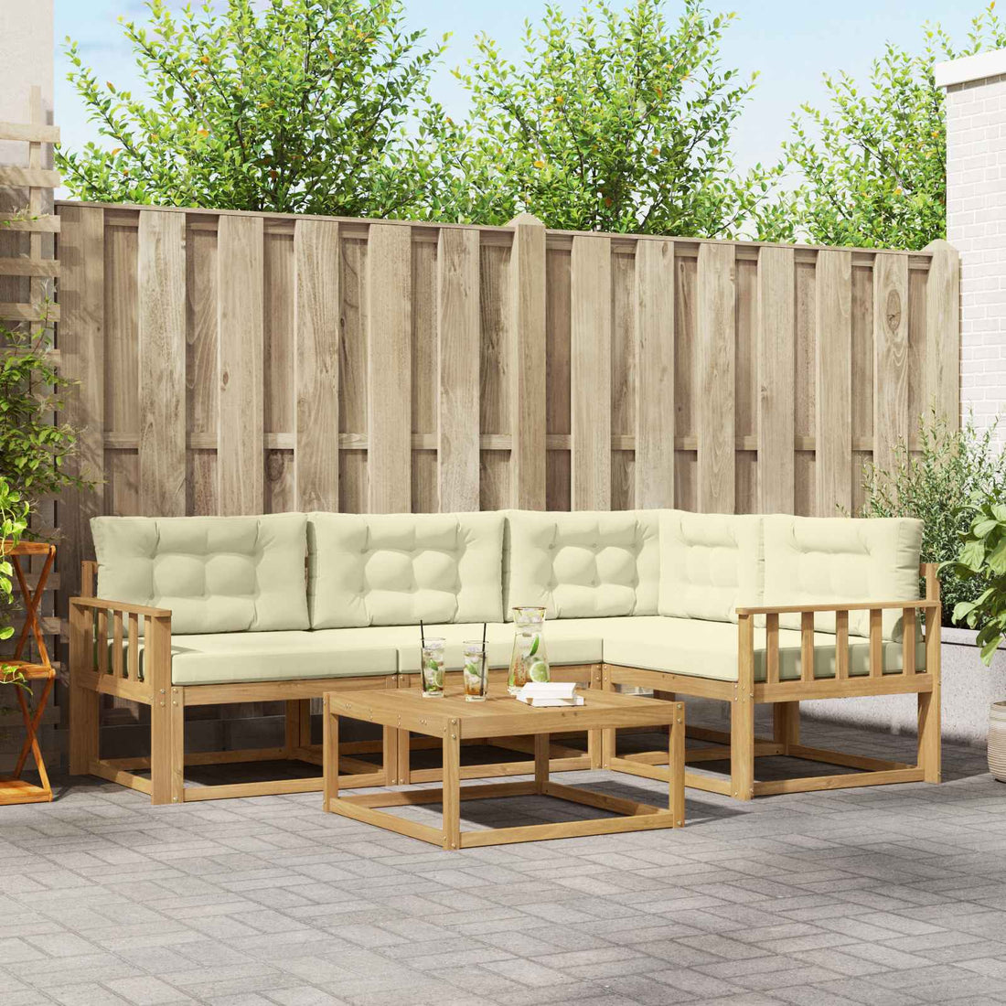 vidaXL Conjunto de sofás de exterior 5 uds. Blanco y Crema Poliéster