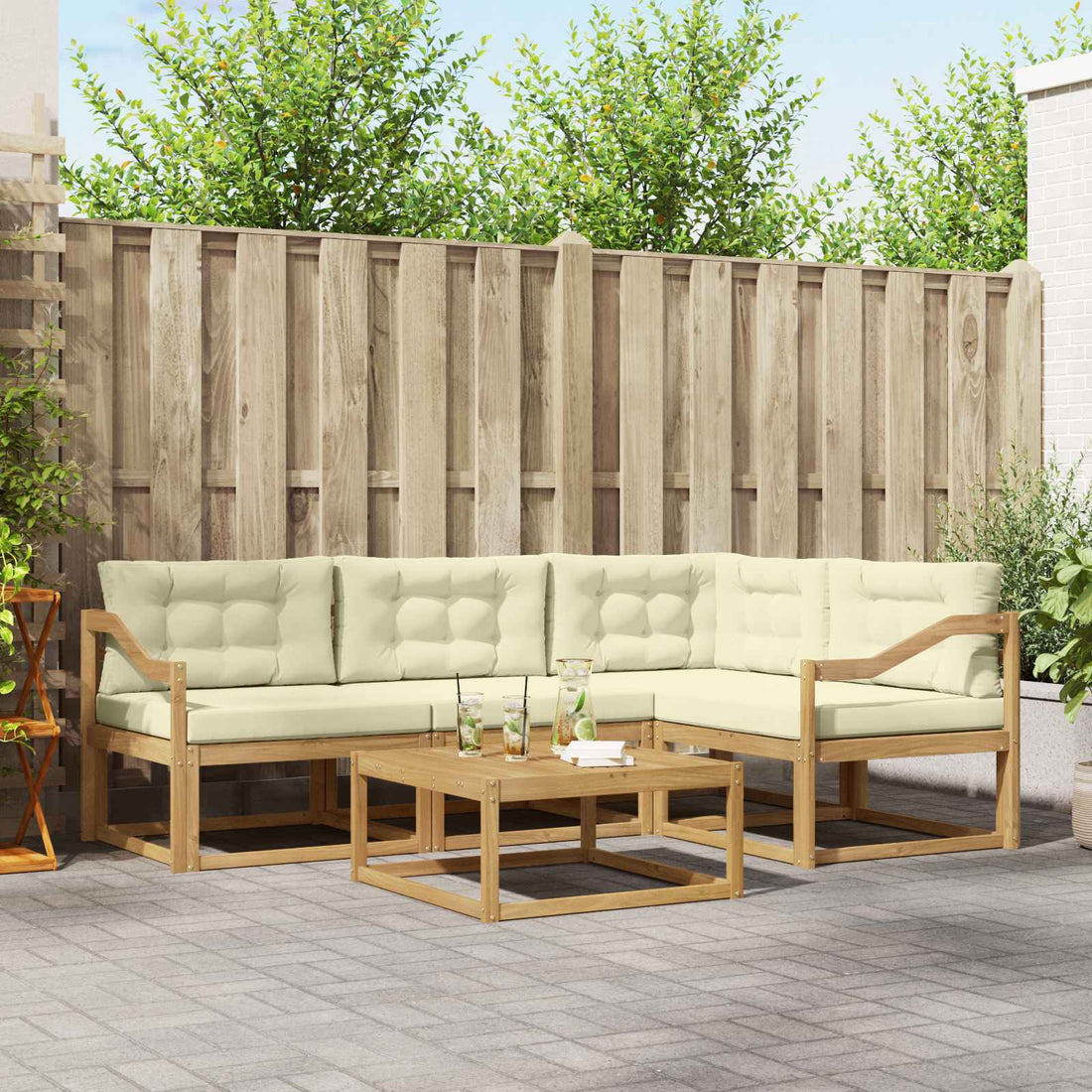 vidaXL Conjunto de sofás de exterior 5 uds. Blanco y Crema Poliéster