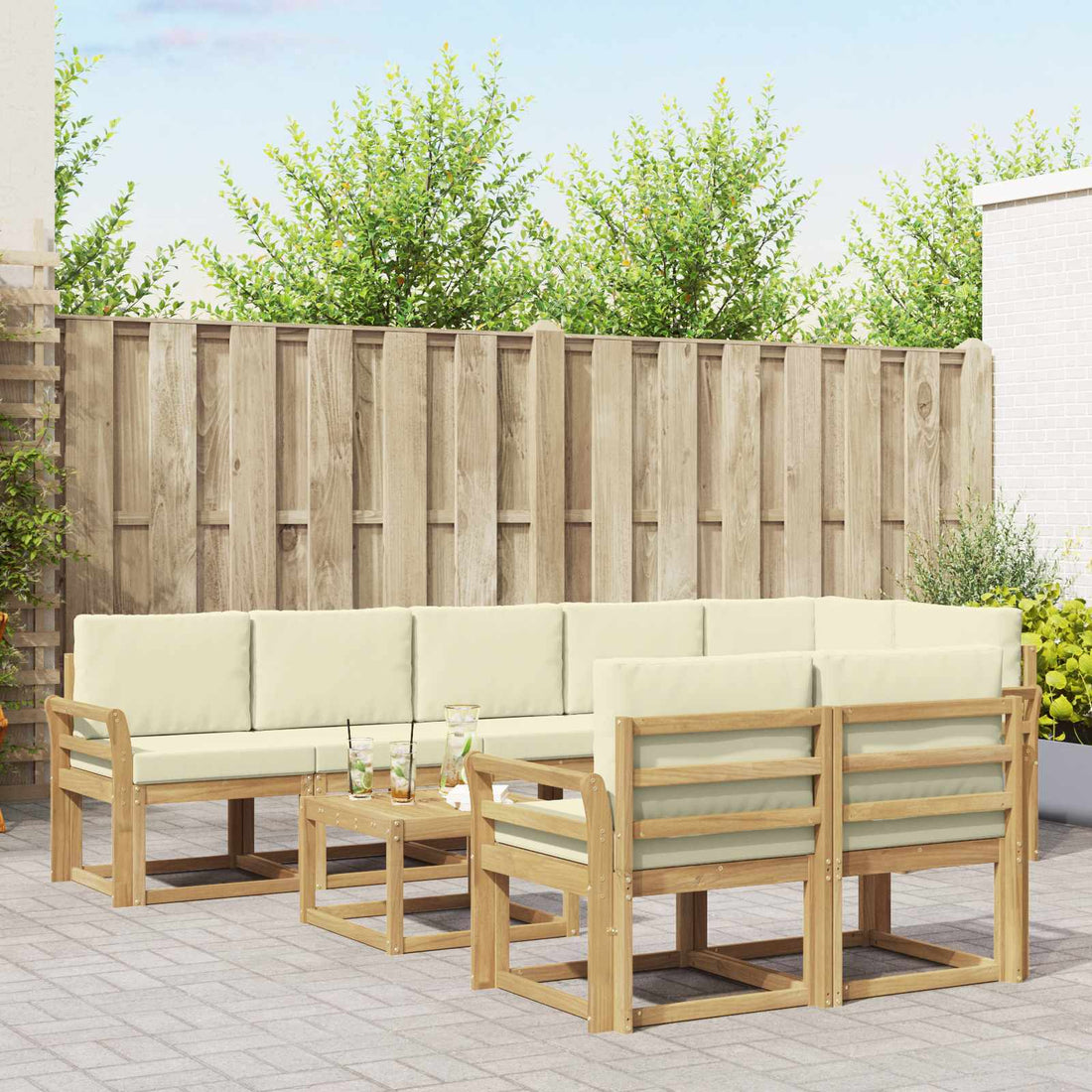 vidaXL Conjunto de sofás de exterior 9 uds. Blanco y Crema Poliéster