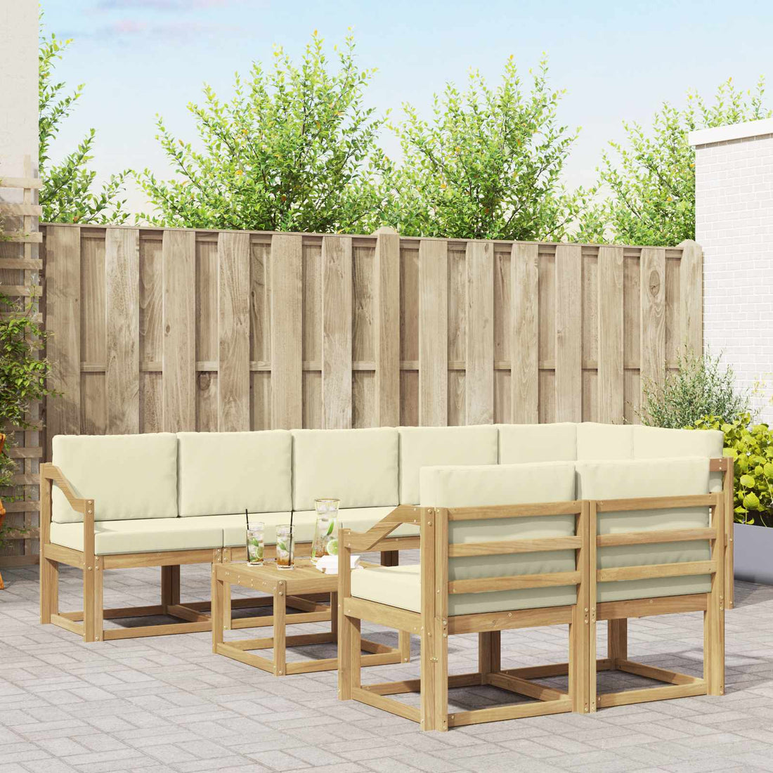 vidaXL Conjunto de sofás de exterior 9 uds. Blanco y Crema Poliéster