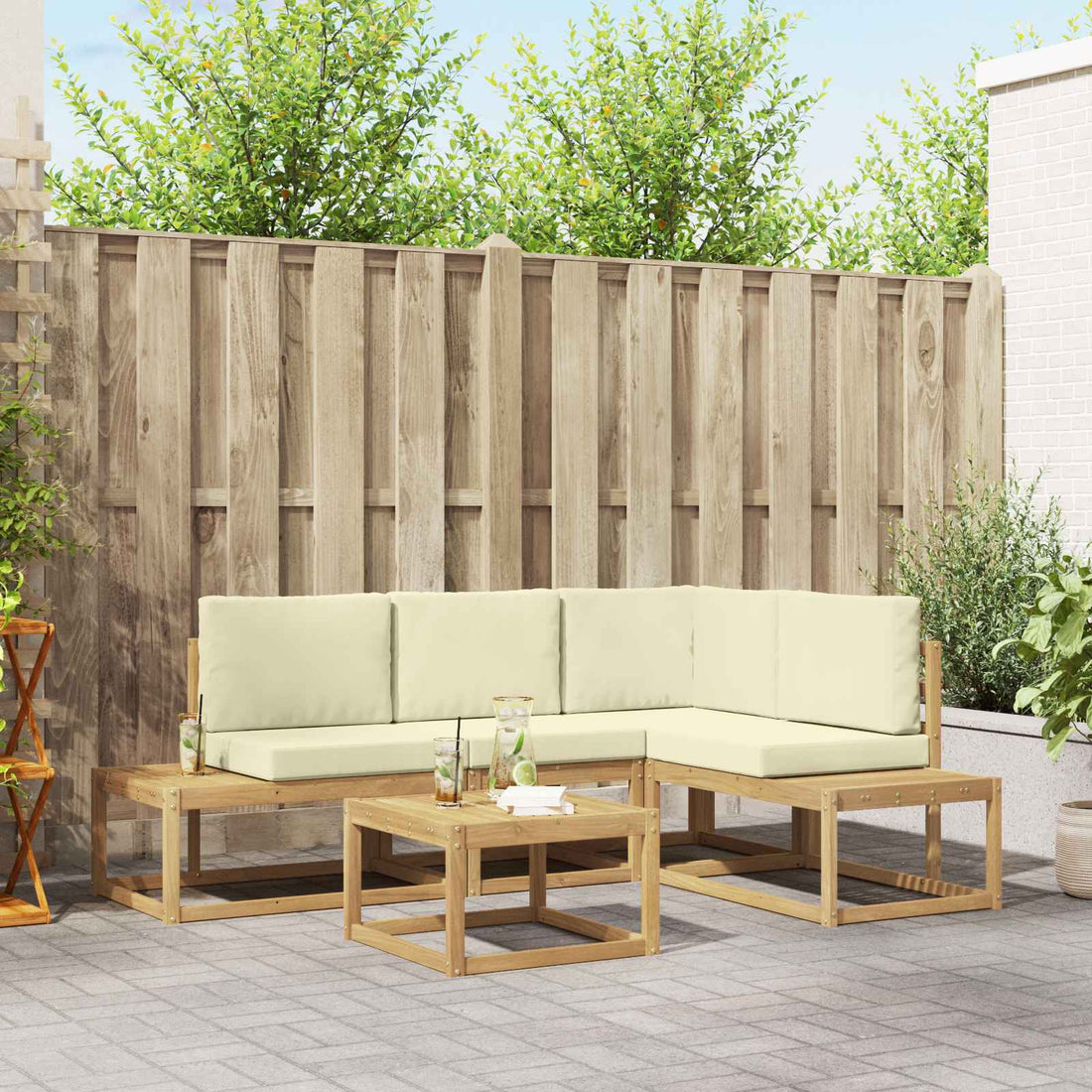 vidaXL Conjunto de sofás de exterior 4 Pieza Blanco y Crema Poliéster