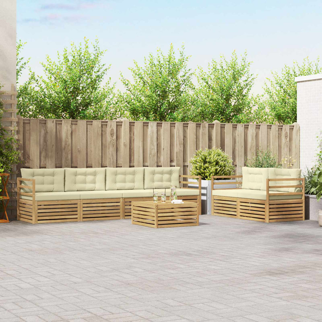 vidaXL Conjunto de sofás de exterior 7 uds. Blanco y Crema Poliéster