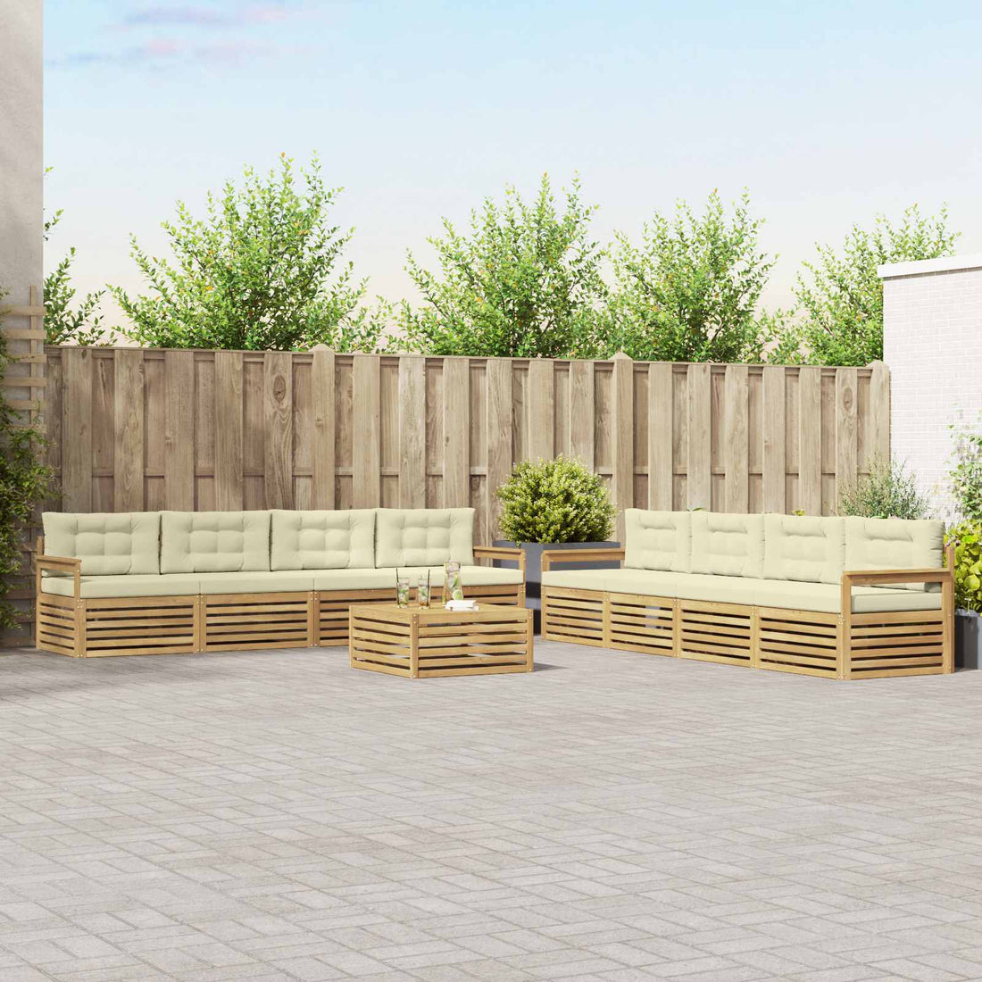 vidaXL Conjunto de sofás de exterior 9 uds. Blanco y Crema Poliéster