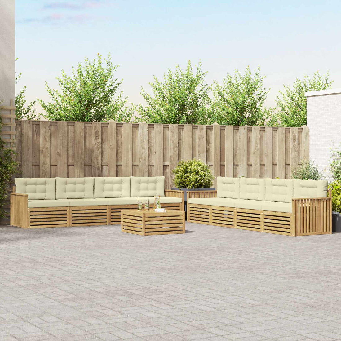 vidaXL Conjunto de sofás de exterior 9 uds. Blanco y Crema Poliéster